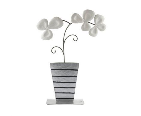 Suport cu flori 50cm, Ghiveci, tabla, metal, orhidee alba, ghiveci gri, decoratiuni